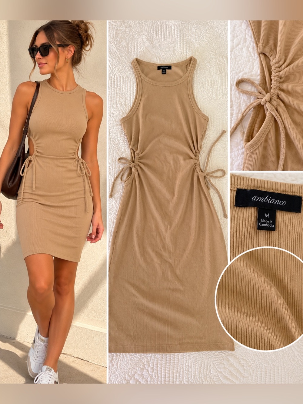 Ambiance Tan Ribbed Side Tie Cutout Midi Dress Size M